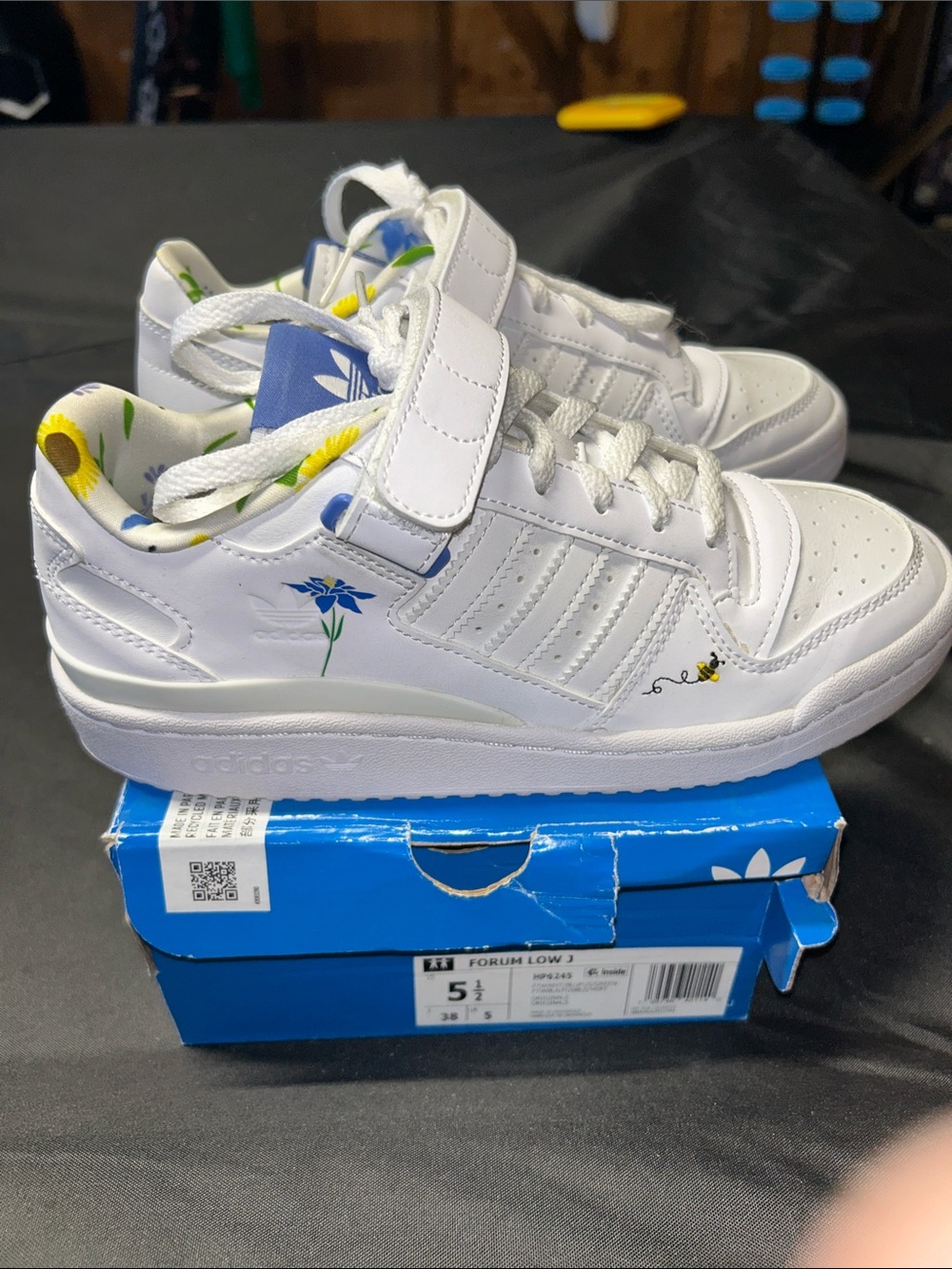 adidas White Kids Sneakers with Blue & Yellow Floral Accents